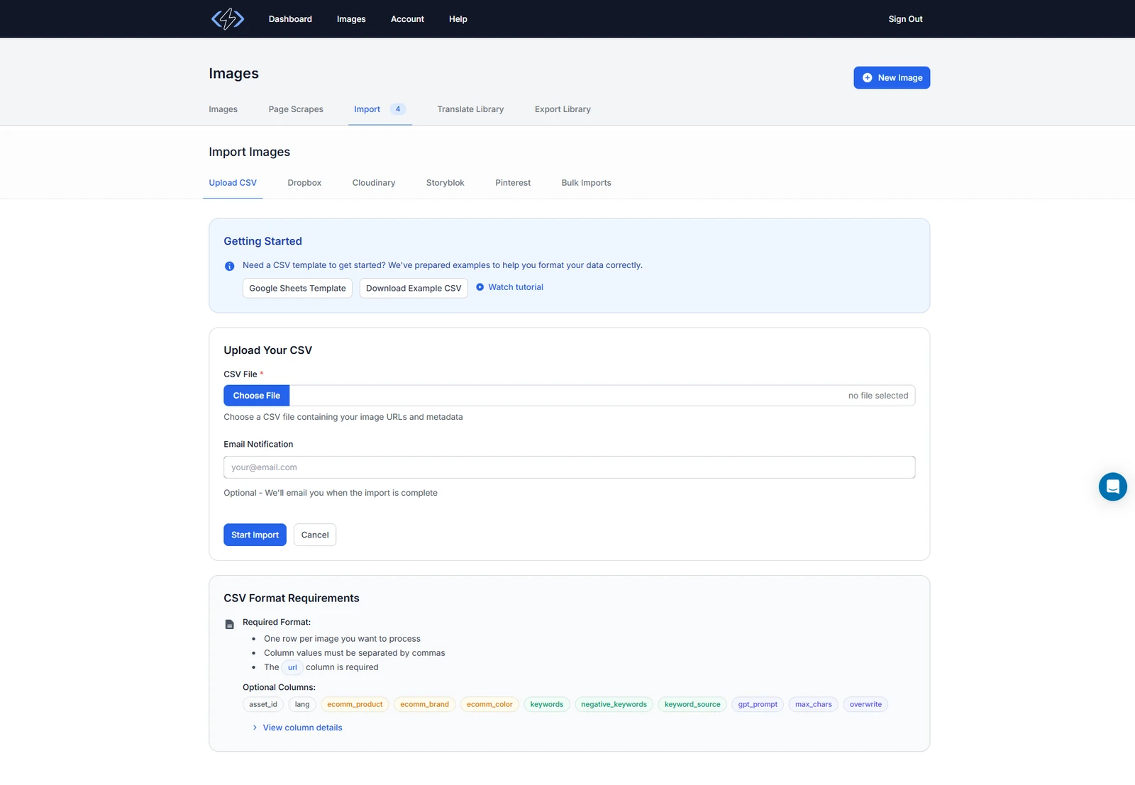The AltText.ai Import Images screen on the Upload CSV tab, with a CSV Format Requirements panel listing optional columns including ecomm_product, ecomm_brand and ecomm_color.