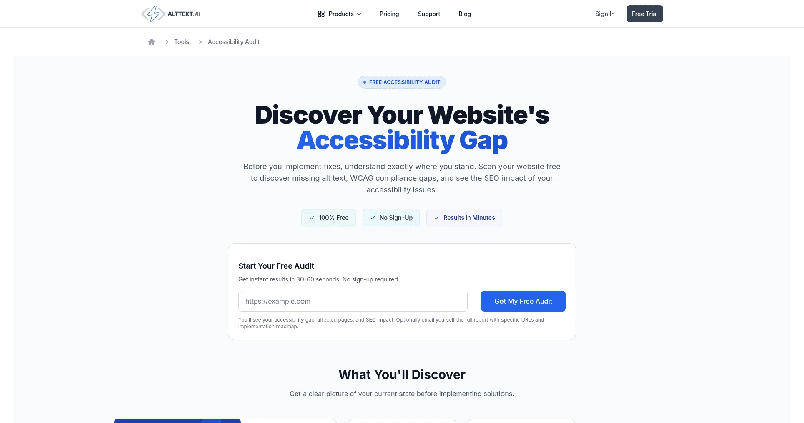 The AltText.ai free accessibility audit page, headed Discover Your Website's Accessibility Gap, with a field for a site URL and a Get My Free Audit button.