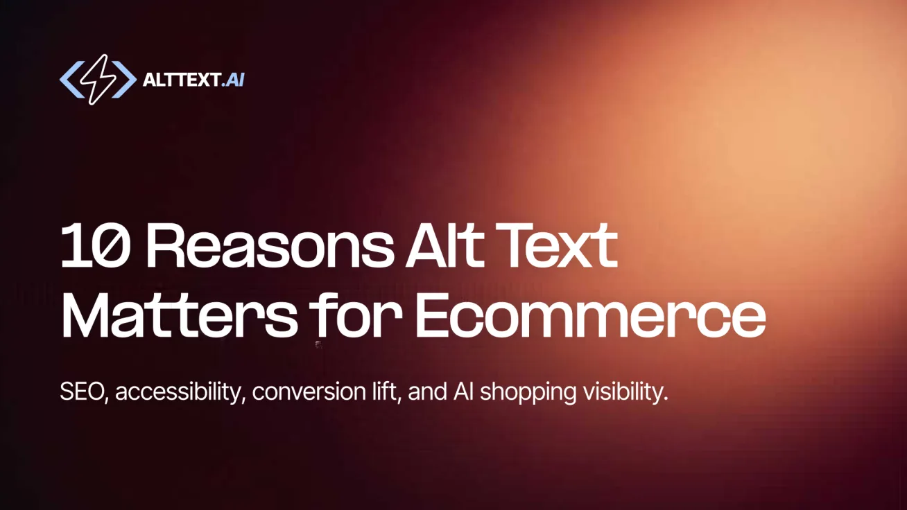Dark burgundy gradient hero image with AltText.ai logo and bold white text: 10 Reasons Alt Text Matters for E-commerce Websites