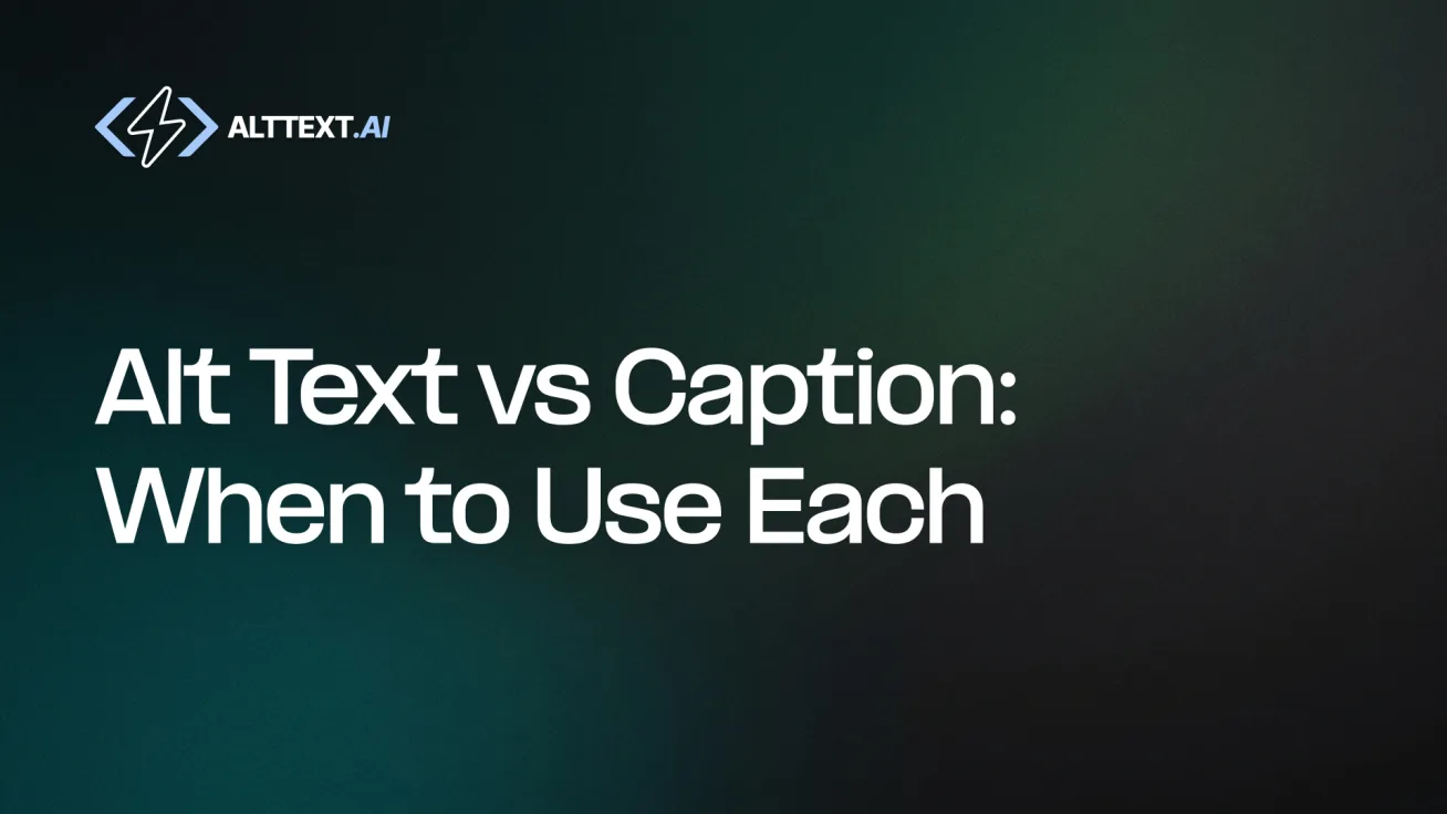 Alt Text vs Caption explainer — side-by-side diagram showing alt text inside HTML versus a visible caption beneath an image.
