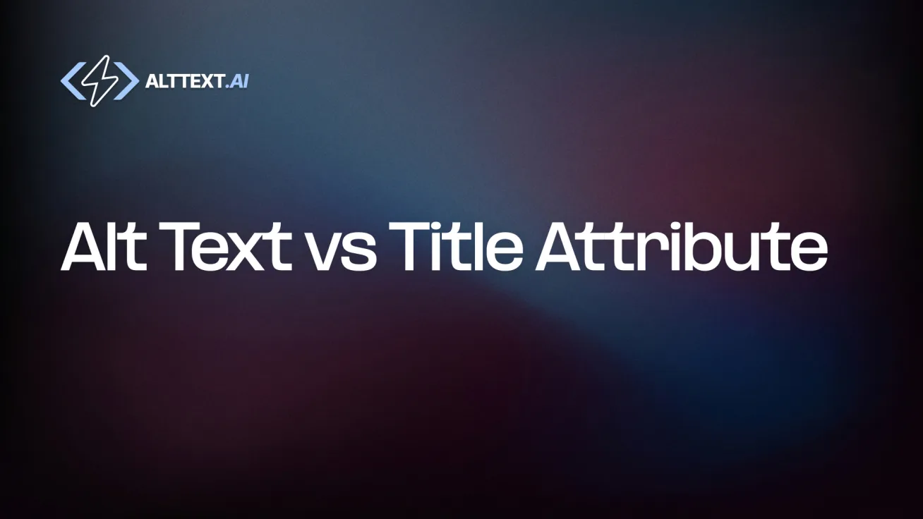 Alt Text vs Title Attribute explainer — diagram showing alt text in HTML being read by screen readers while title attribute hovers as an unreliable tooltip.