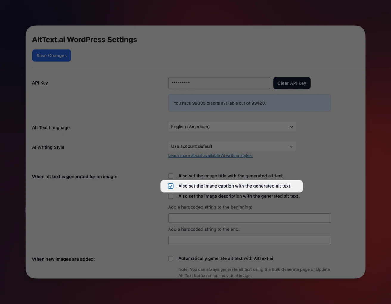 AltText.ai WordPress plugin settings page showing the checked option 'Also set the image caption with the generated alt text' highlighted with available credits displayed