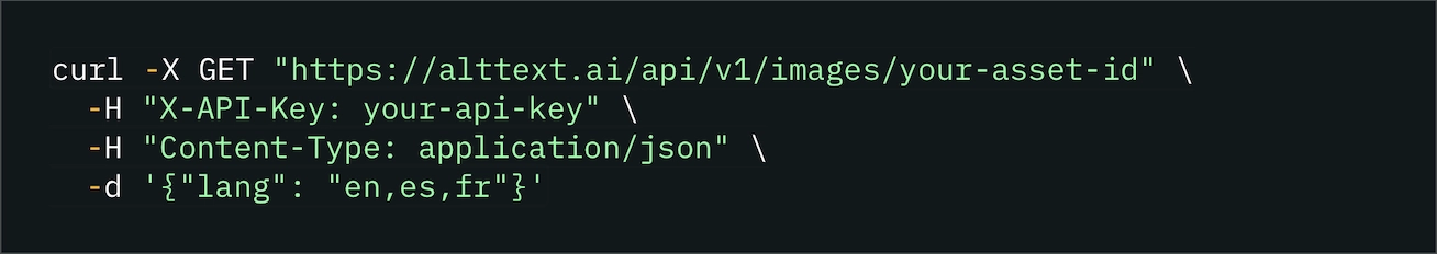 API request example showing multilanguage alt text generation