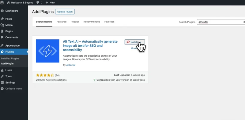 WordPress plugins page showing AltText.ai plugin installation with Install Now and Activate buttons highlighted