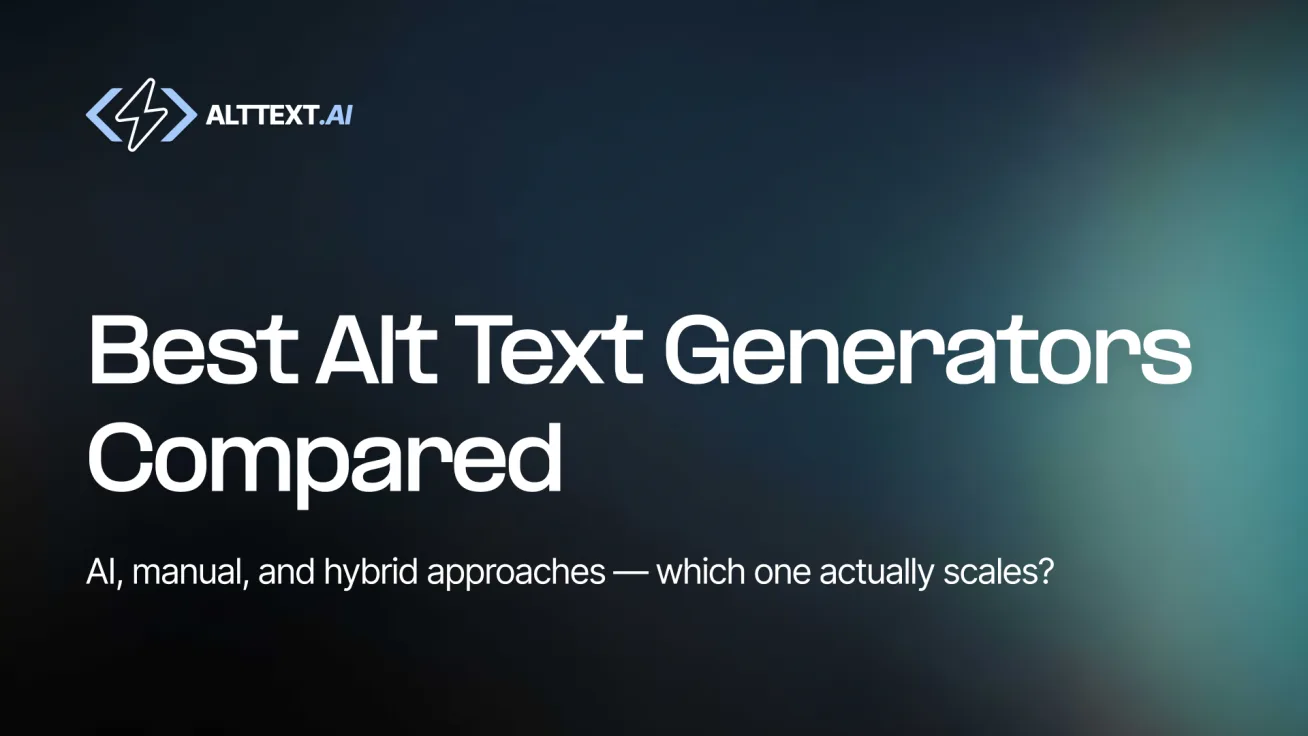 Dark navy gradient hero image with AltText.ai logo and bold white text: Best Alt Text Generators Compared AI Manual and Hybrid Options