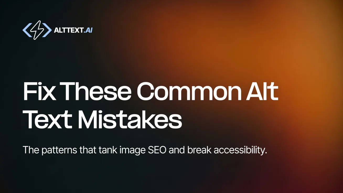 Dark charcoal orange gradient hero image with AltText.ai logo and bold white text: Fix These Common Alt Text Mistakes to Boost Your Image SEO