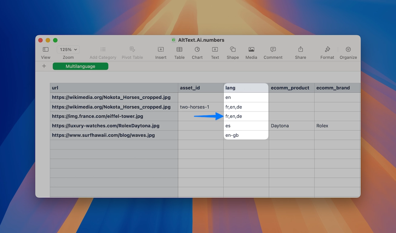 CSV import example showing comma-separated language codes in the lang column
