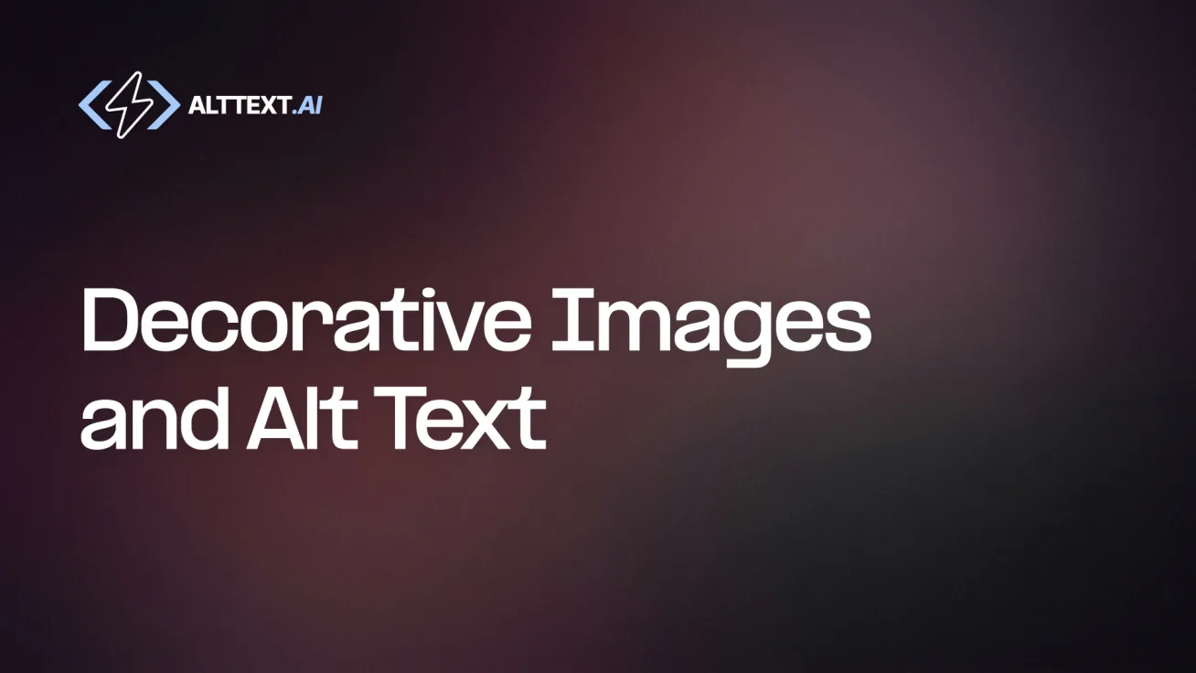 Decorative Images and Alt Text — illustration showing decorative borders and patterns marked alt="" alongside informative product photos with descriptive alt.