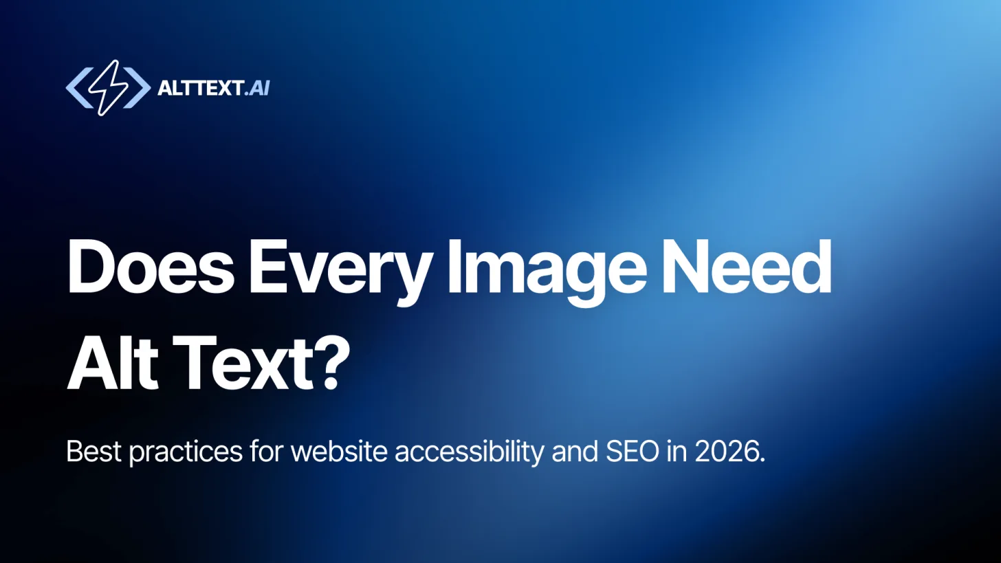 Deep teal lavender gradient hero image with AltText.ai logo and bold white text: Does Every Single Picture Need Image Alt Text For SEO