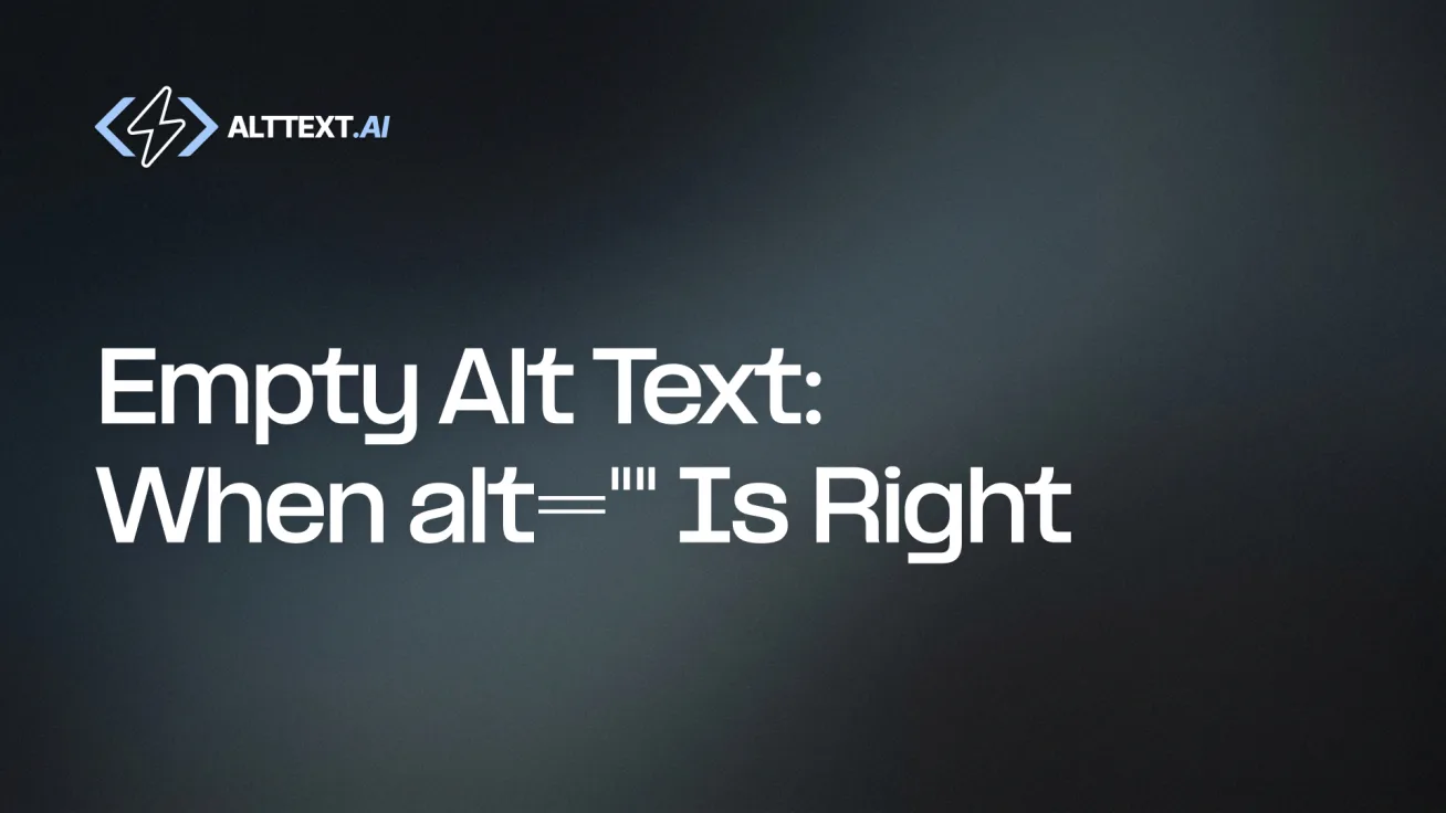 Empty Alt Text When alt='' Is Right hero card on dark gradient, AltText.ai logo — null alt text and decorative images guide.