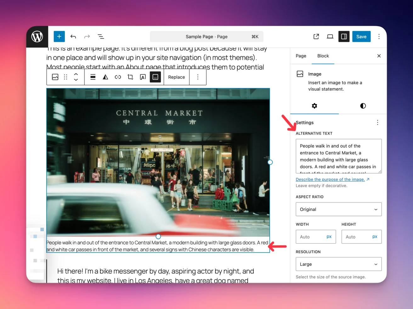 WordPress Gutenberg block editor showing Central Market image with Alternative Text field visible in the right sidebar settings panel, and the same descriptive text appearing as a caption below the image