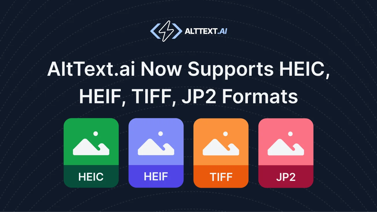 Four colorful rounded cards displaying HEIC, HEIF, TIFF, and JP2 format icons in green, blue, orange, and pink against a dark navy background with AltText.ai logo
