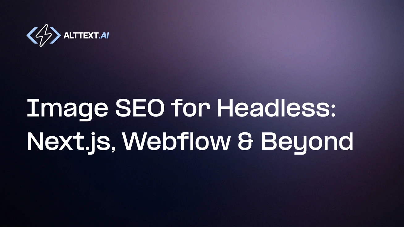 Headless CMS asset store feeding images to a Next.js and Webflow frontend, with an alt text gap highlighted, AltText.ai branding.