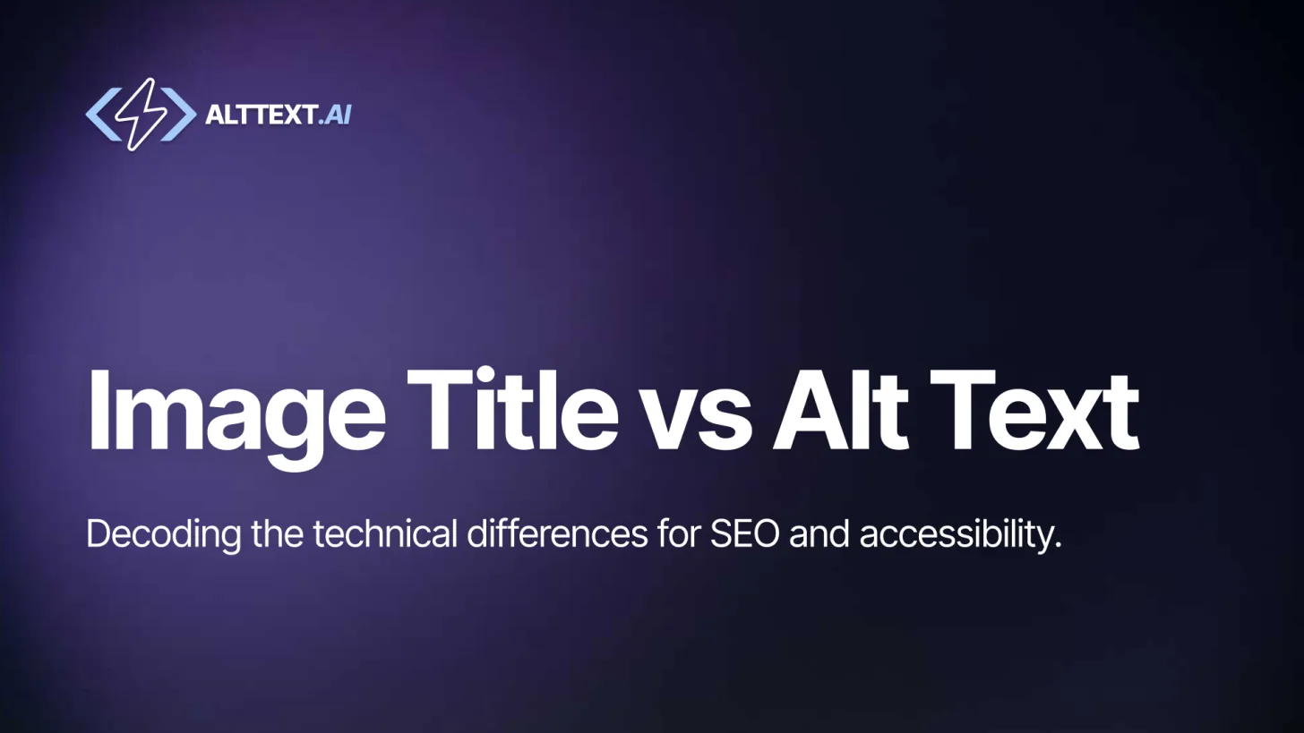 Dark indigo gradient hero image with AltText.ai logo and bold white text: Image Title vs Alt Text Decoding the Technical Differences for SEO