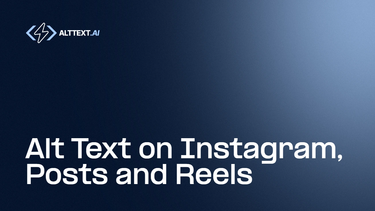 AltText.ai title card on a navy background with a pale blue glow in the top right corner. The AltText.ai wordmark sits at the top left, and the headline at the bottom left reads Alt Text on Instagram, Posts and Reels.