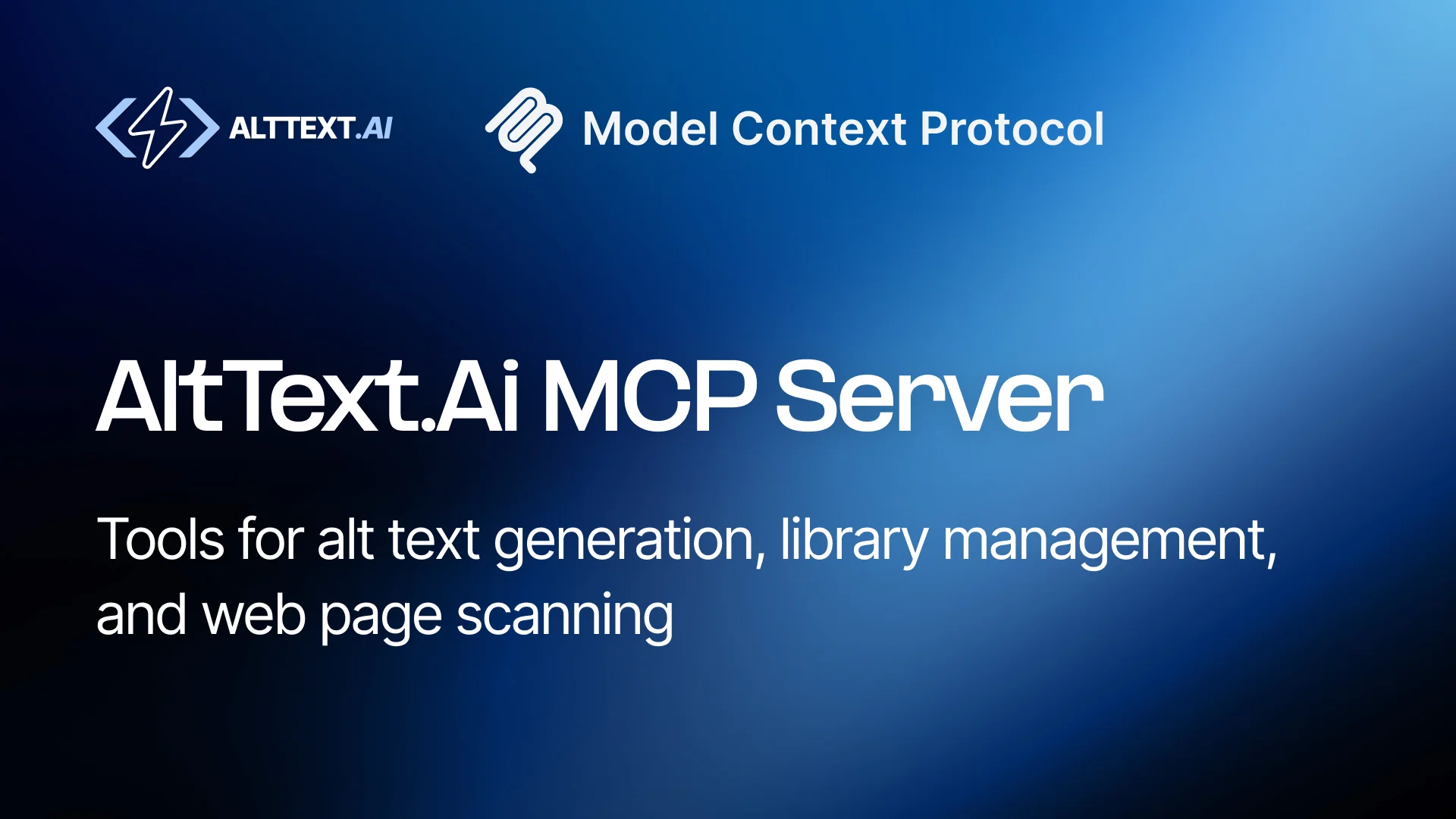 AltText.ai and Model Context Protocol logos on dark blue gradient background with bold text reading AltText.Ai MCP Server and subtitle Tools for alt text generation, library management, and web page scanning