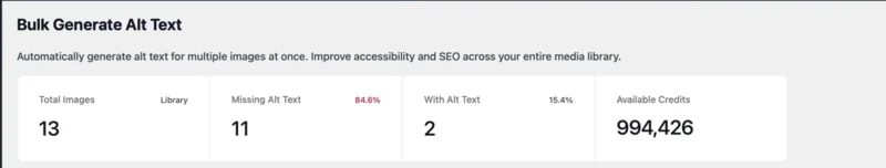 AltText.ai bulk generation interface showing image processing queue with alt text results and status indicators