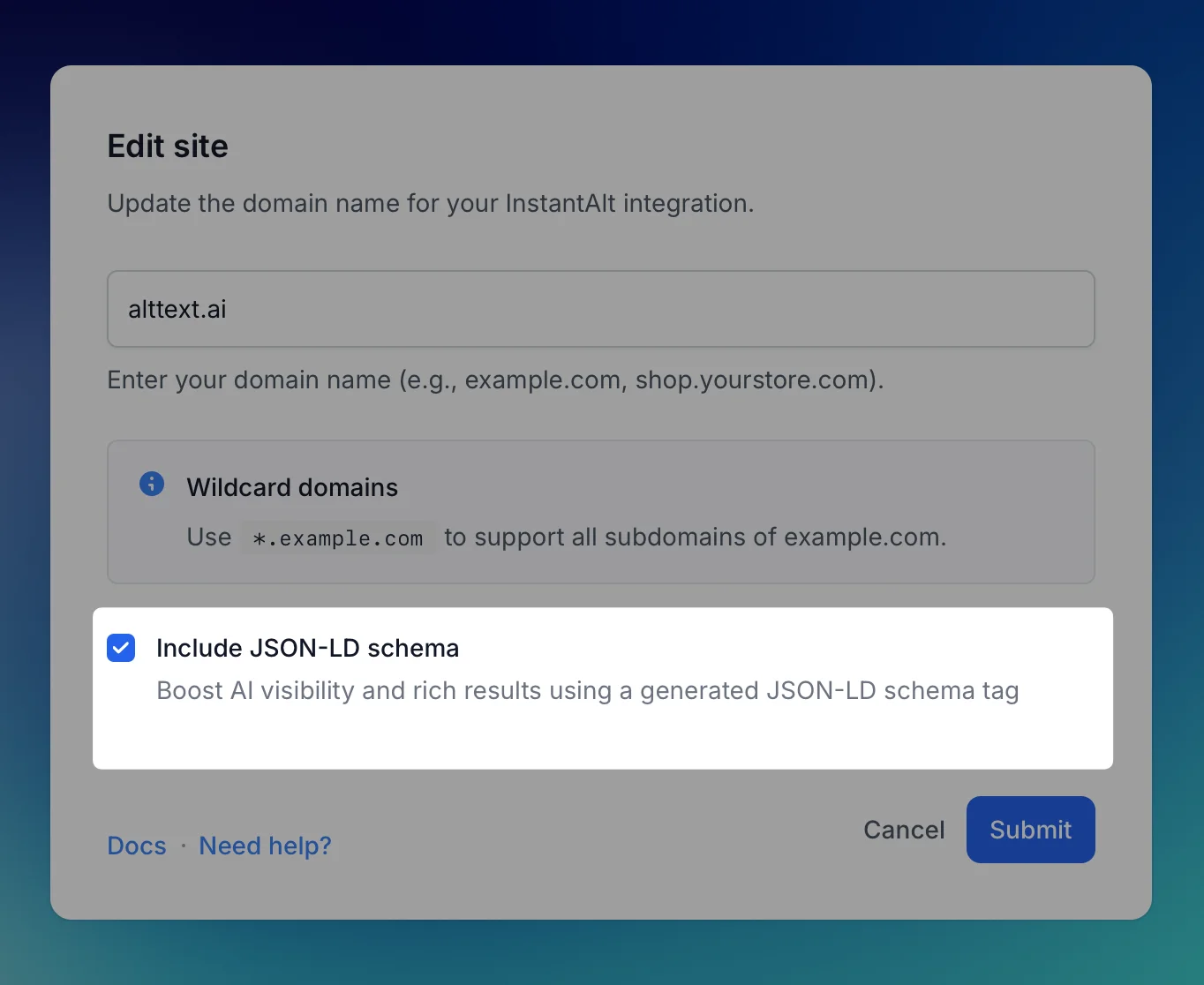AltText.ai InstantAlt site settings with the "Include JSON-LD schema" option checked to add a generated schema tag for AI visibility and rich results.