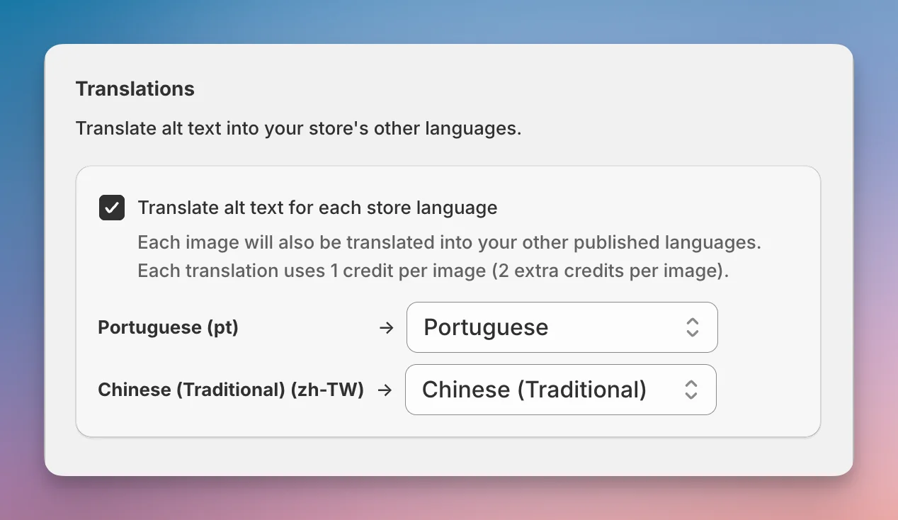 AltText.ai Translations settings with "Translate alt text for each store language" enabled, mapping Portuguese and Chinese (Traditional) to the store's published languages.