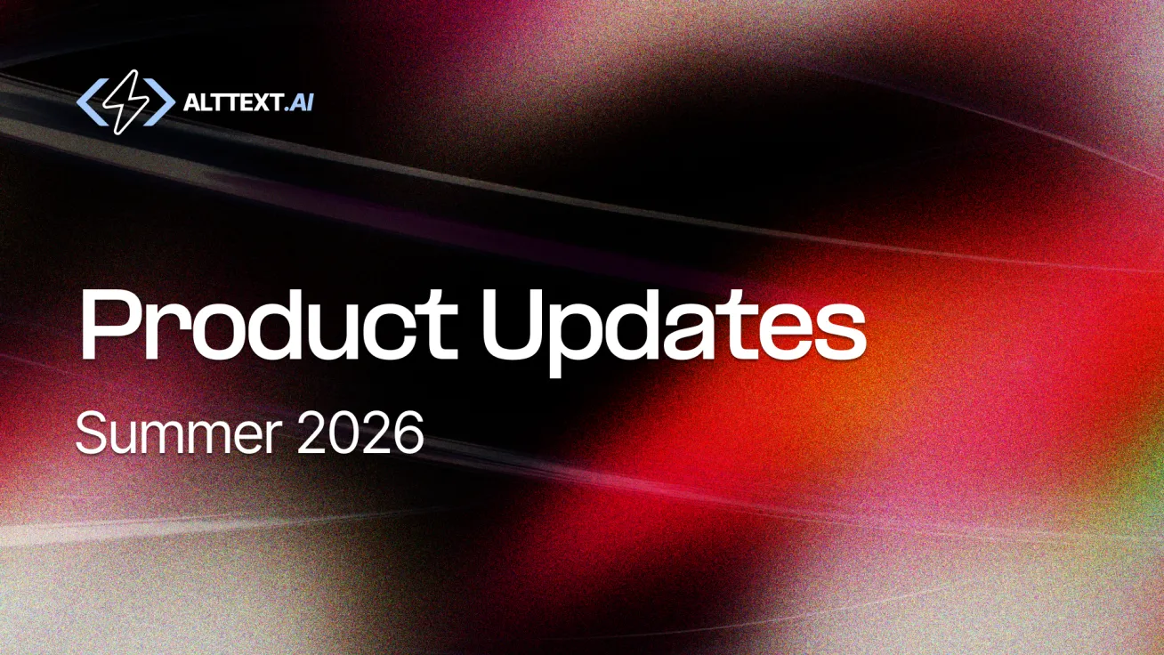 Abstract red and black gradient hero with the text Product Updates Summer 2026 and the AltText.ai lightning bolt logo.