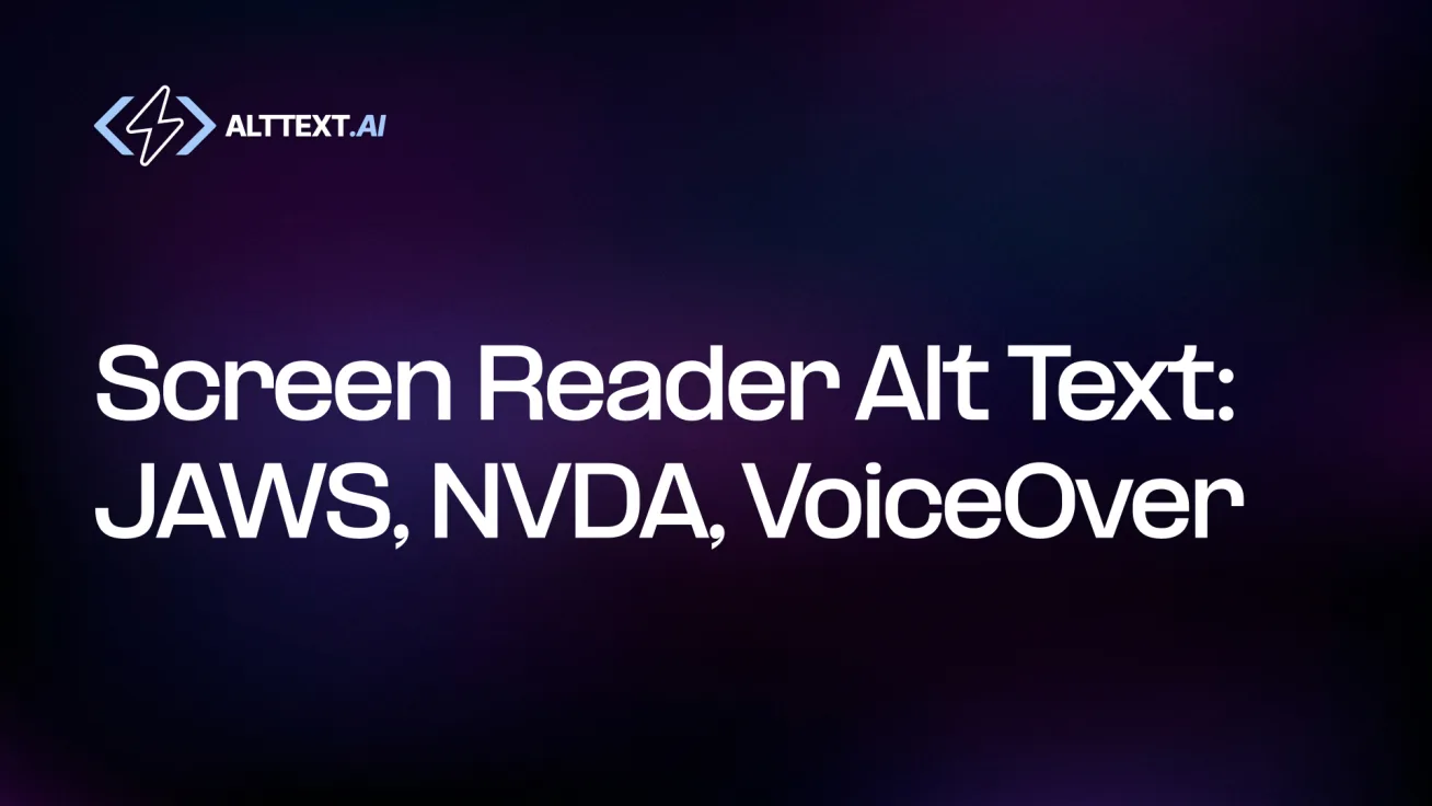 Screen Reader Alt Text — hero showing waveform audio icons next to JAWS, NVDA, and VoiceOver logos with sample alt text being spoken.