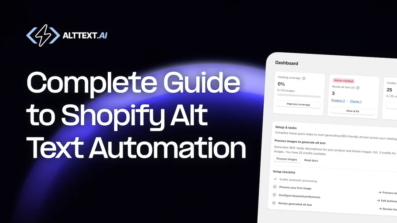 Shopify product editor showing automated alt text generation with AltText.ai integration