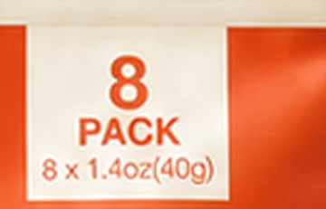 Close-up of the badge on the middle bag. It reads 8 PACK, 8 x 1.4oz (40g).