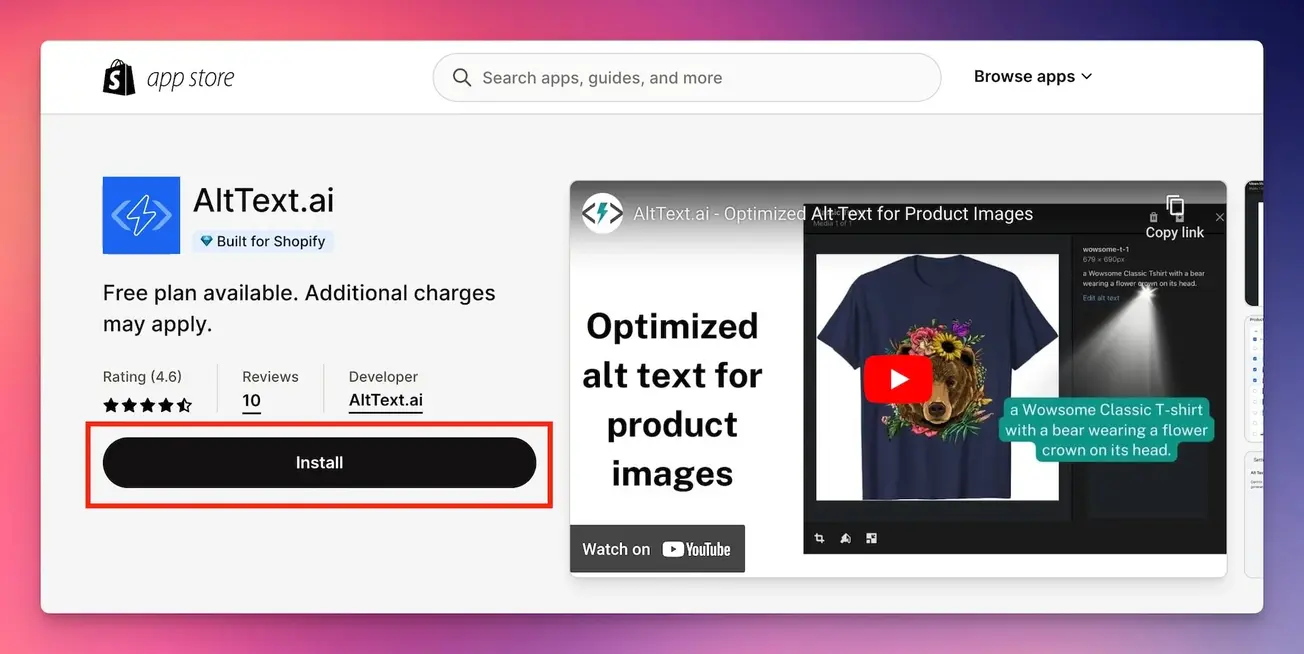 Shopify app store listing for AltText.ai showing install button and Built for Shopify certification badge