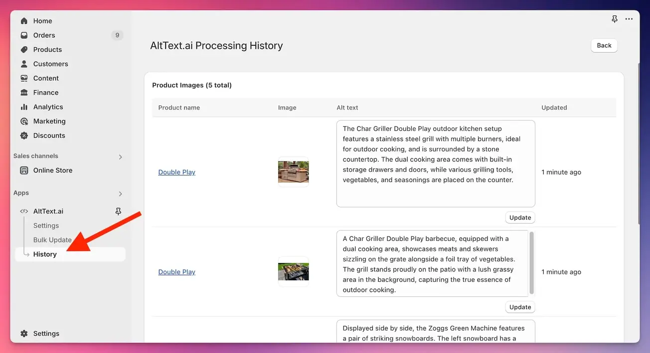 Shopify app history page displaying all processed product images with generated alt text and edit functionality