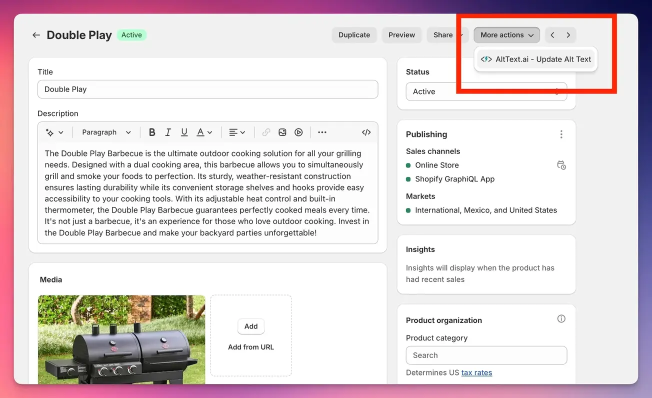 Shopify product page showing More Actions menu with AltText.ai Update Alt Text option highlighted