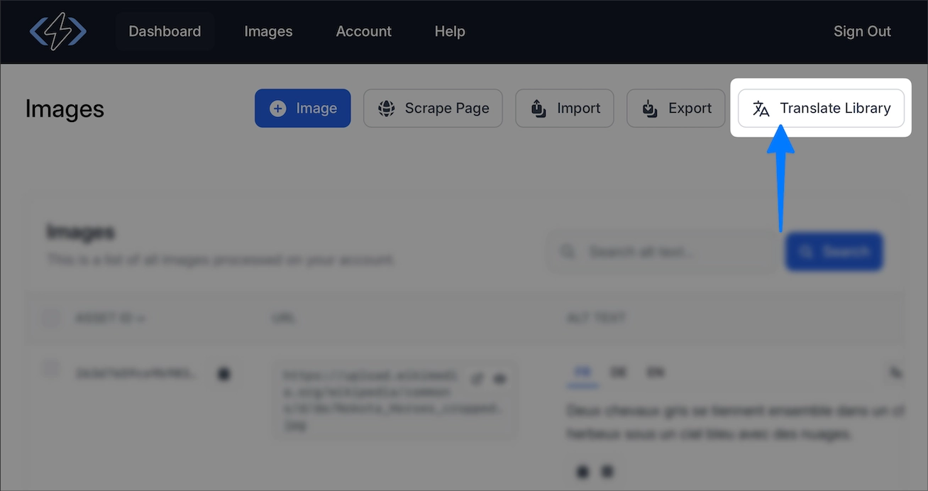 Translate Library button on AltText.AI dashboard