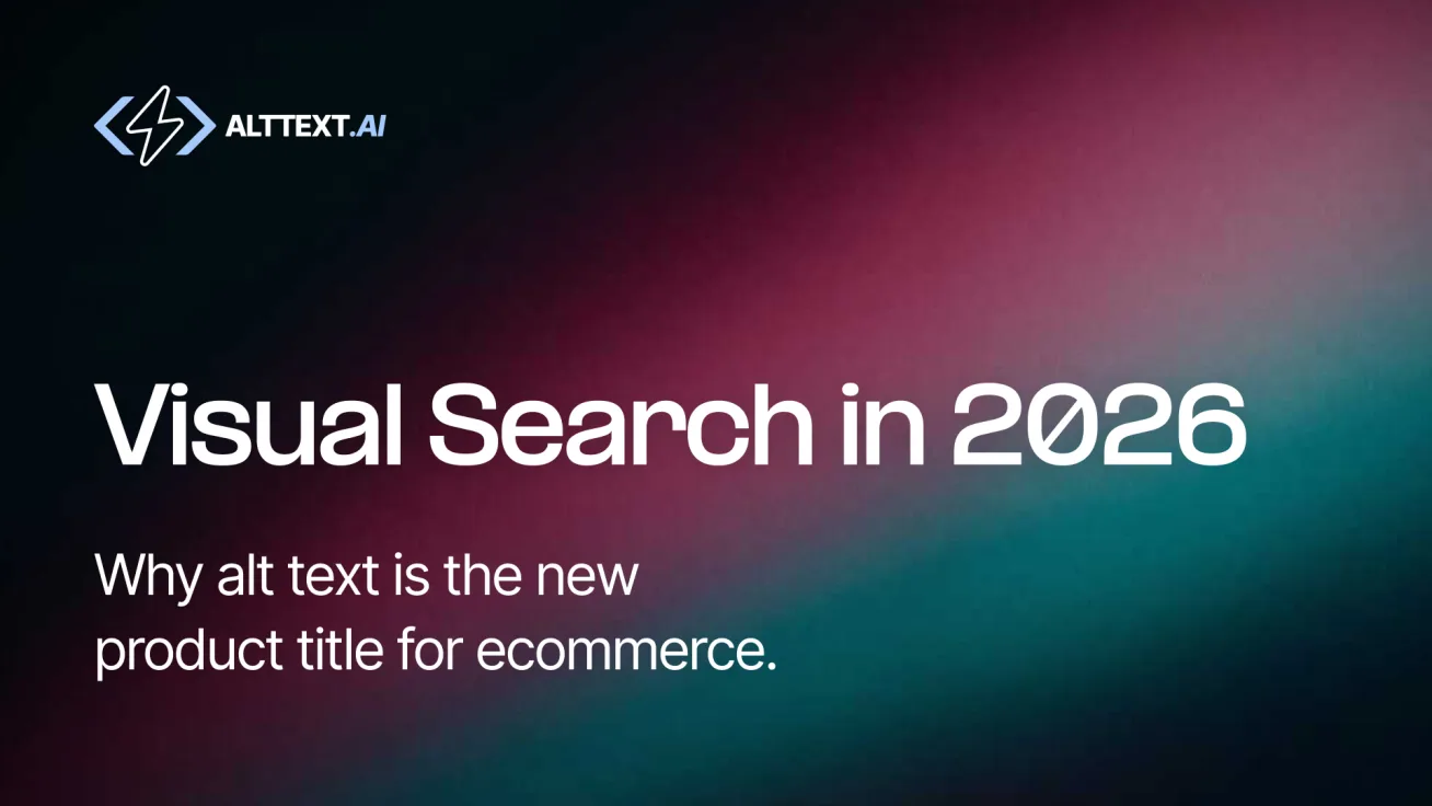 Visual Search in 2026 hero card on dark gradient, AltText.ai logo — alt text for Google Lens and Pinterest Lens ecommerce.