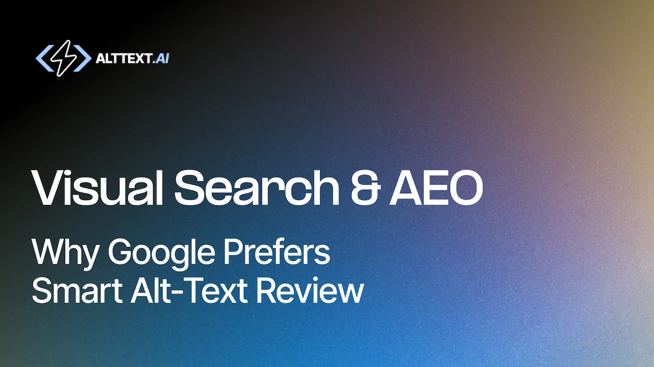 Slide with the title Visual Search & AEO and subtitle Why Google Prefers Smart Alt-Text Review, with the Alttext.ai logo on a blue-brown gradient