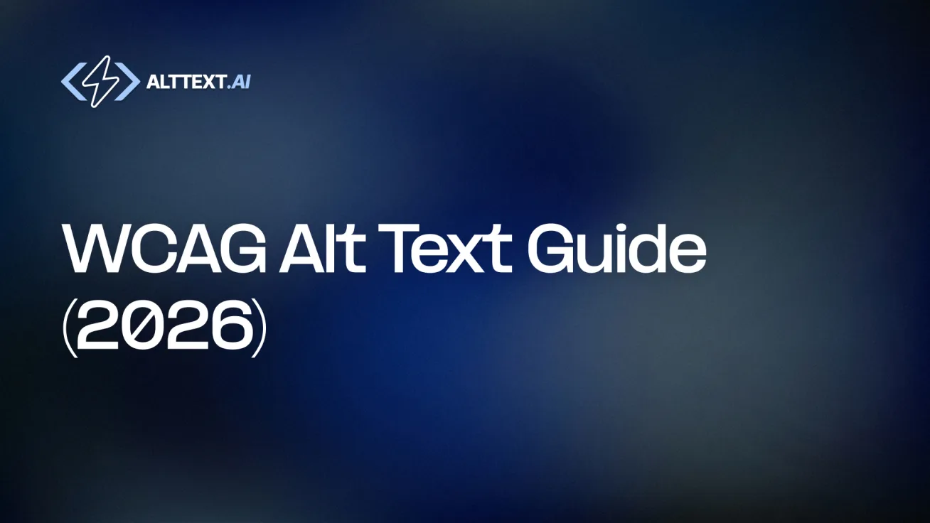 WCAG Alt Text Guide 2026 hero card on blue gradient, AltText.ai logo — Success Criterion 1.1.1 compliance guide.