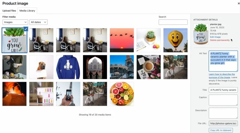 WordPress media library interface showing product images in grid view with alt text editing panel on the right side