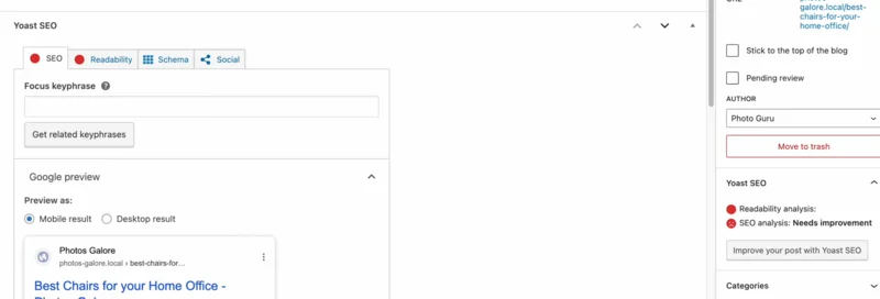 Yoast SEO plugin interface in WordPress showing focus keyphrase input and Google search preview for product pages