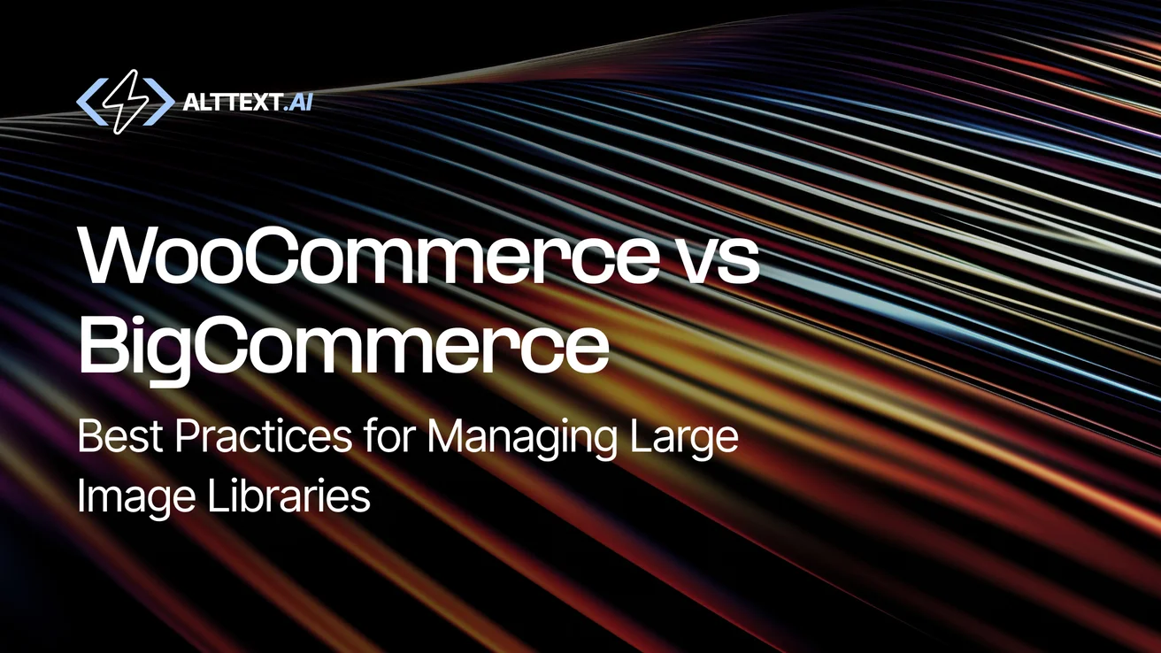 Split comparison showing WooCommerce and BigCommerce platforms with large product image libraries
