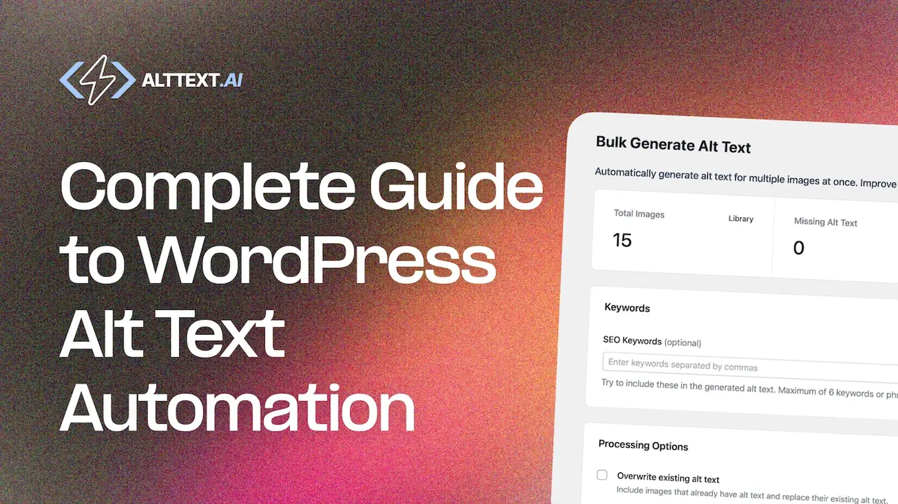 WordPress admin panel showing AltText.ai plugin settings with API key configuration and automated alt text generation for media library images