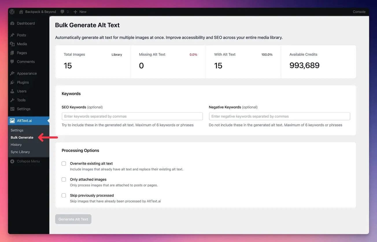 WordPress bulk update tool interface showing options to process missing alt text or all images with SEO keyword fields