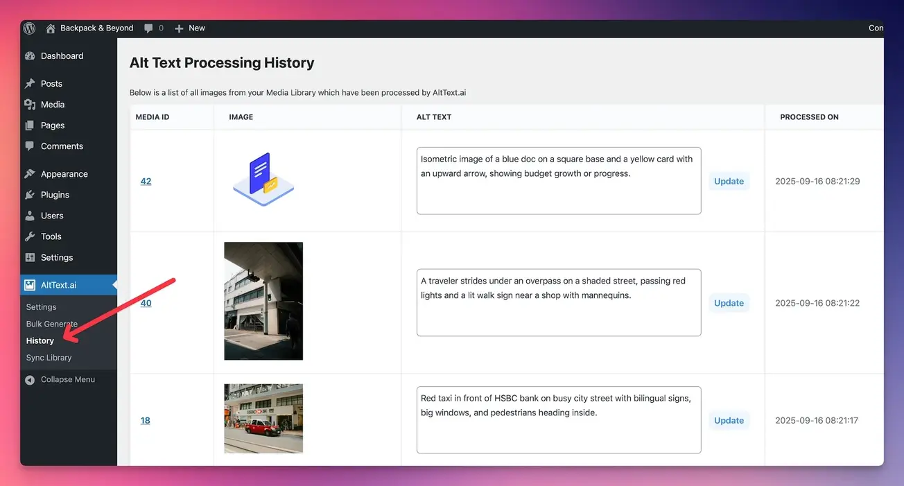 WordPress plugin History page showing list of processed images with current alt text and edit functionality
