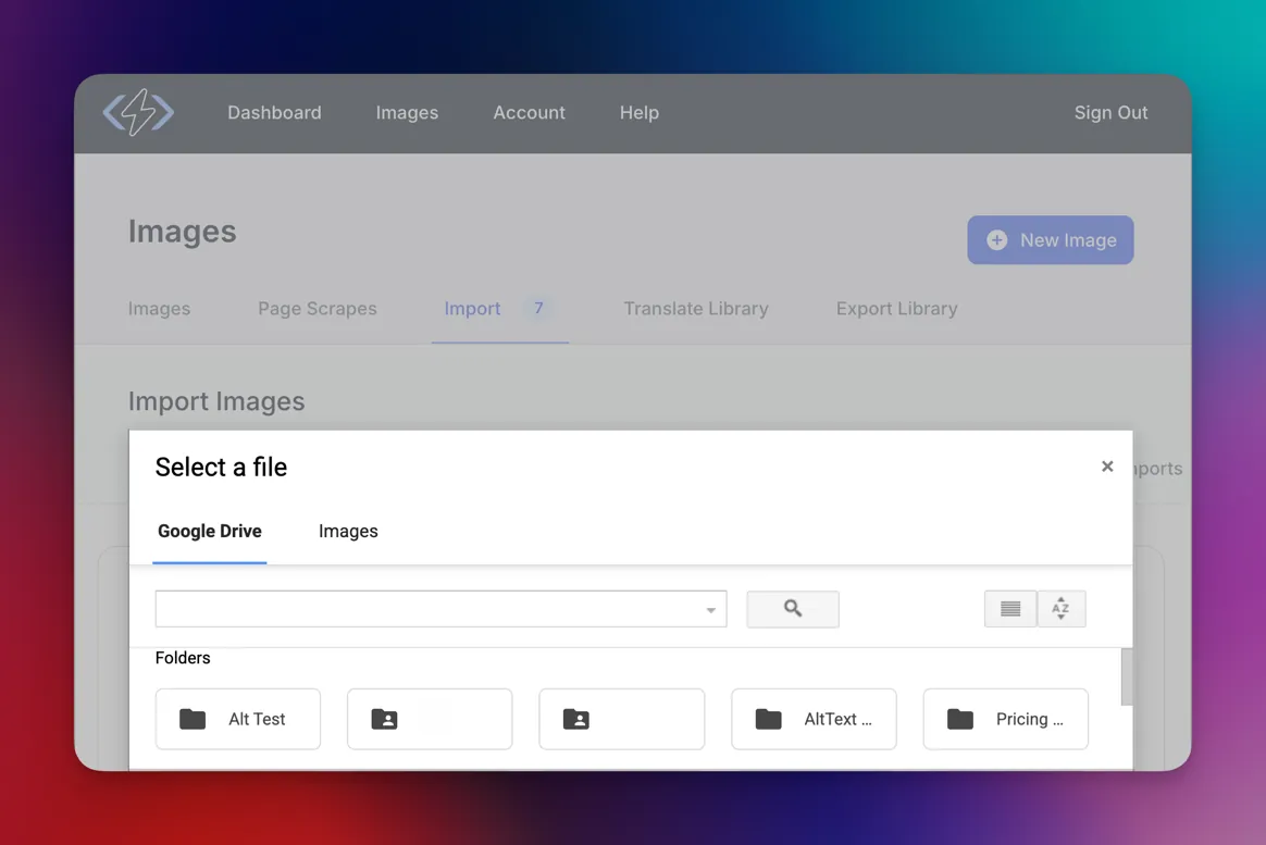 AltText.ai import page showing the Google Drive file picker with folders listed for selection