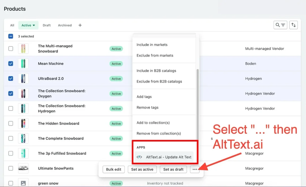 Shopify products list showing AltText.ai bulk update option in the More Actions menu