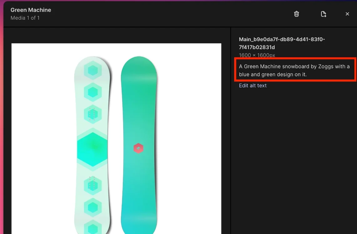 Shopify product editor showing AI-generated alt text for a snowboard product with color and brand details