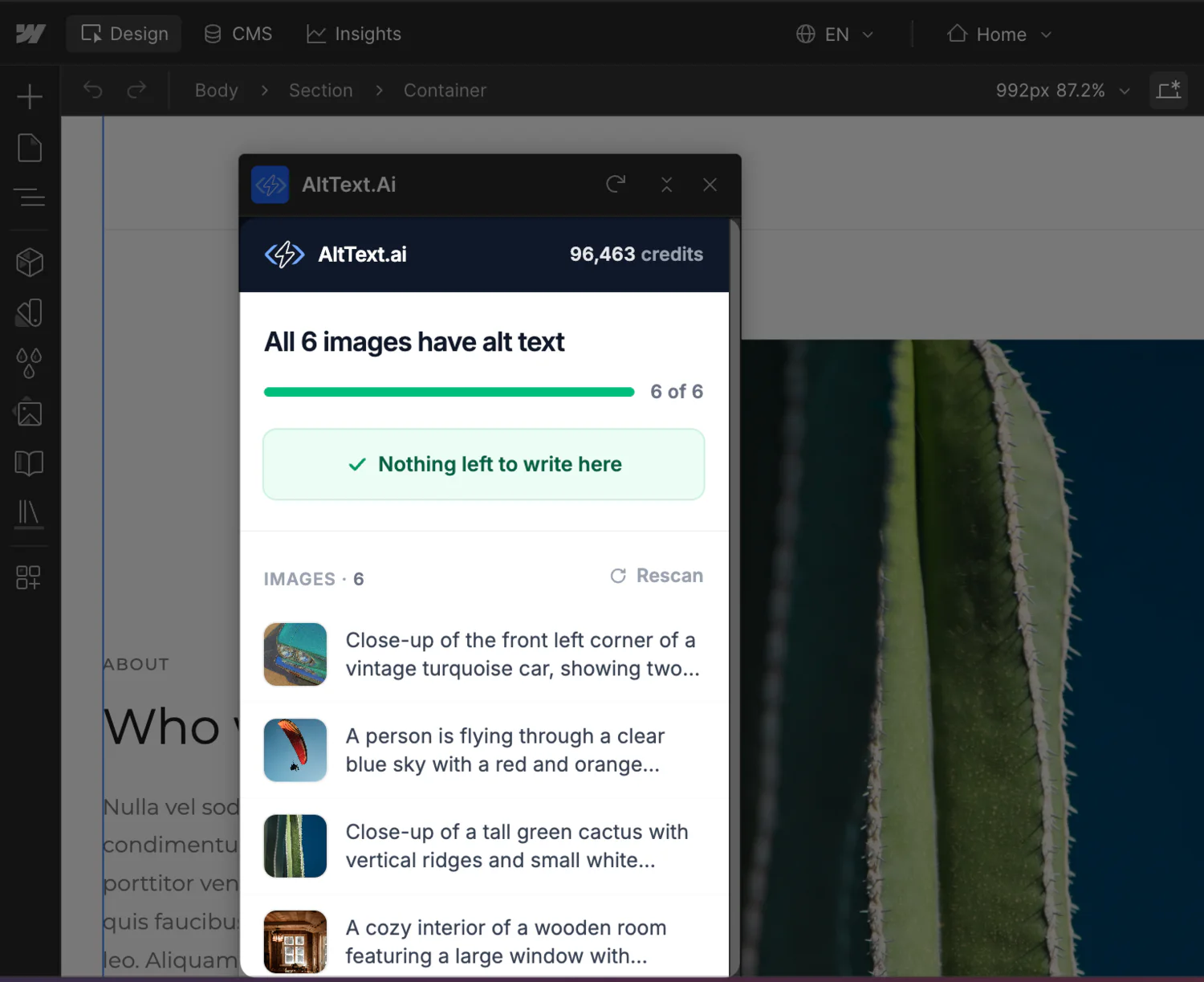 The AltText.ai panel open in the Webflow Designer, showing six of six images covered and the alt text written for each one