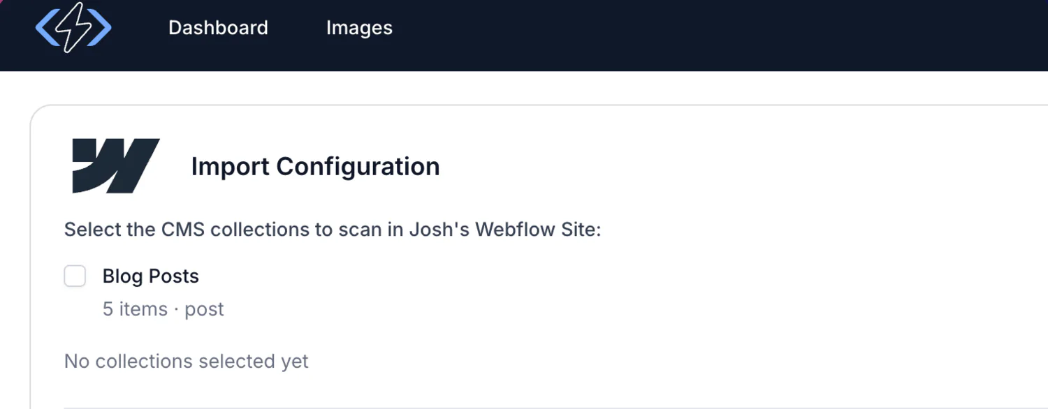 The AltText.ai import screen listing a Webflow site's CMS collections with the number of items in each, ready to be selected for scanning