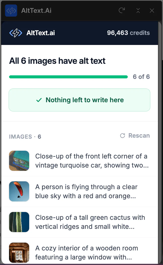 The AltText.ai Designer panel reporting six of six images covered, above the alt text it wrote for each one