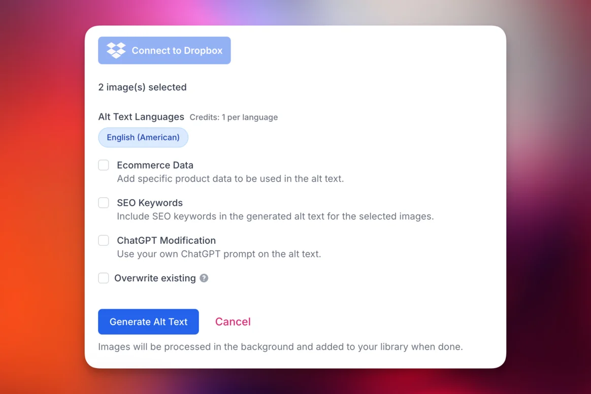 AltText.ai Dropbox integration interface showing language selection, SEO keywords, and Generate Alt Text button for 2 selected images