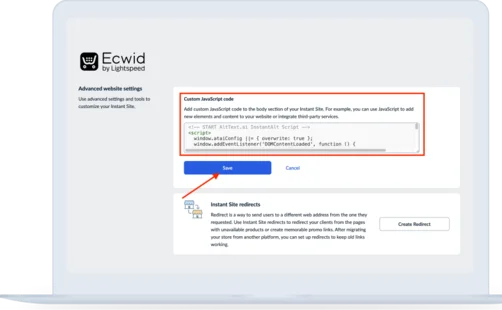 Ecwid by Lightspeed Advanced website settings with Custom JavaScript code section highlighted, showing AltText.ai InstantAlt script pasted and Save button.