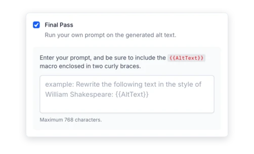 The Final Pass option checked on the new image form, with a prompt field that must include the {{AltText}} macro.