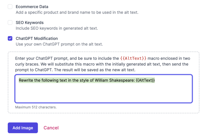 A custom ChatGPT prompt for alt text.